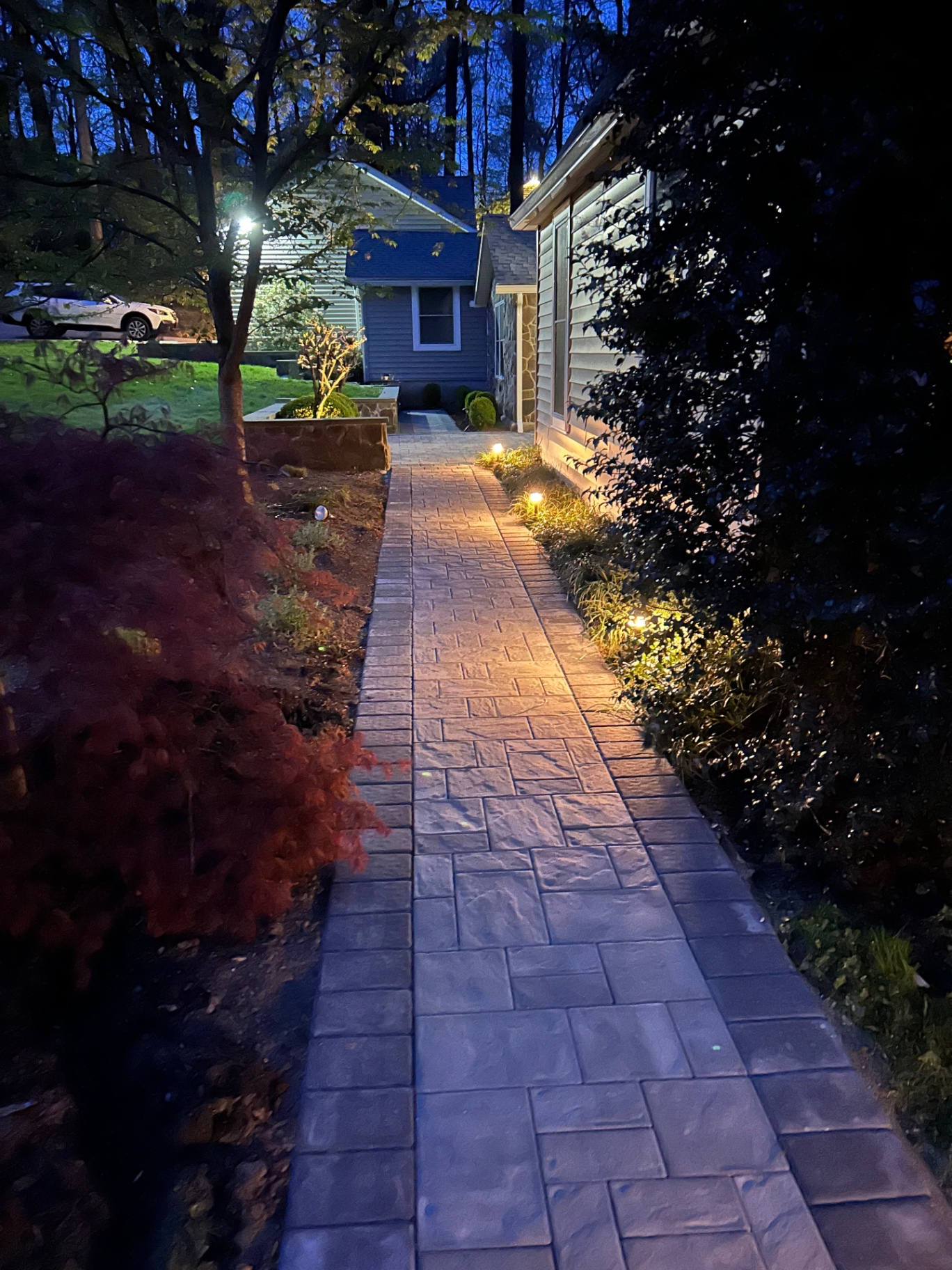 Stamped walkway with soft landscape lighting guiding the path at dusk.