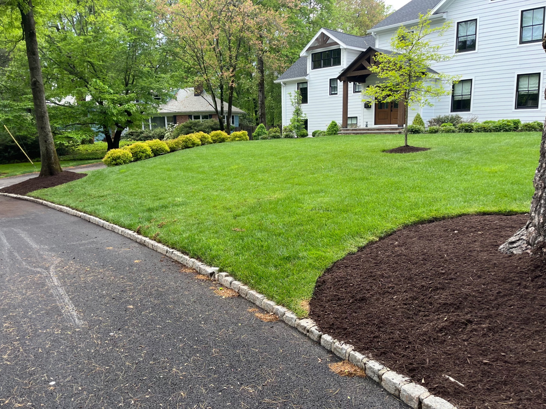 Large front yard with crisp lawn edges and fresh mulch beds.